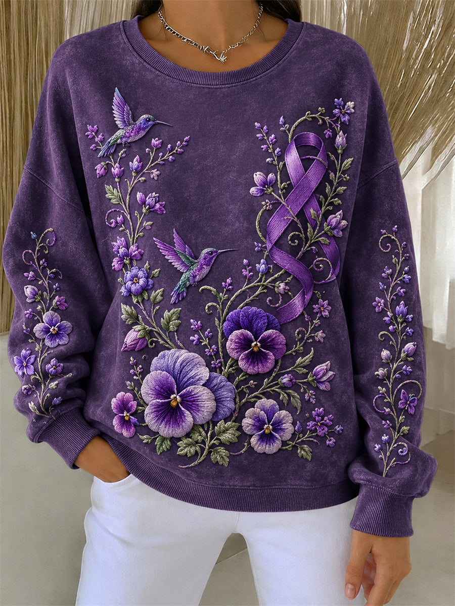 Women's Humming Birds & Pansy Floral Print Alzheimer's Awareness Sweatshirt