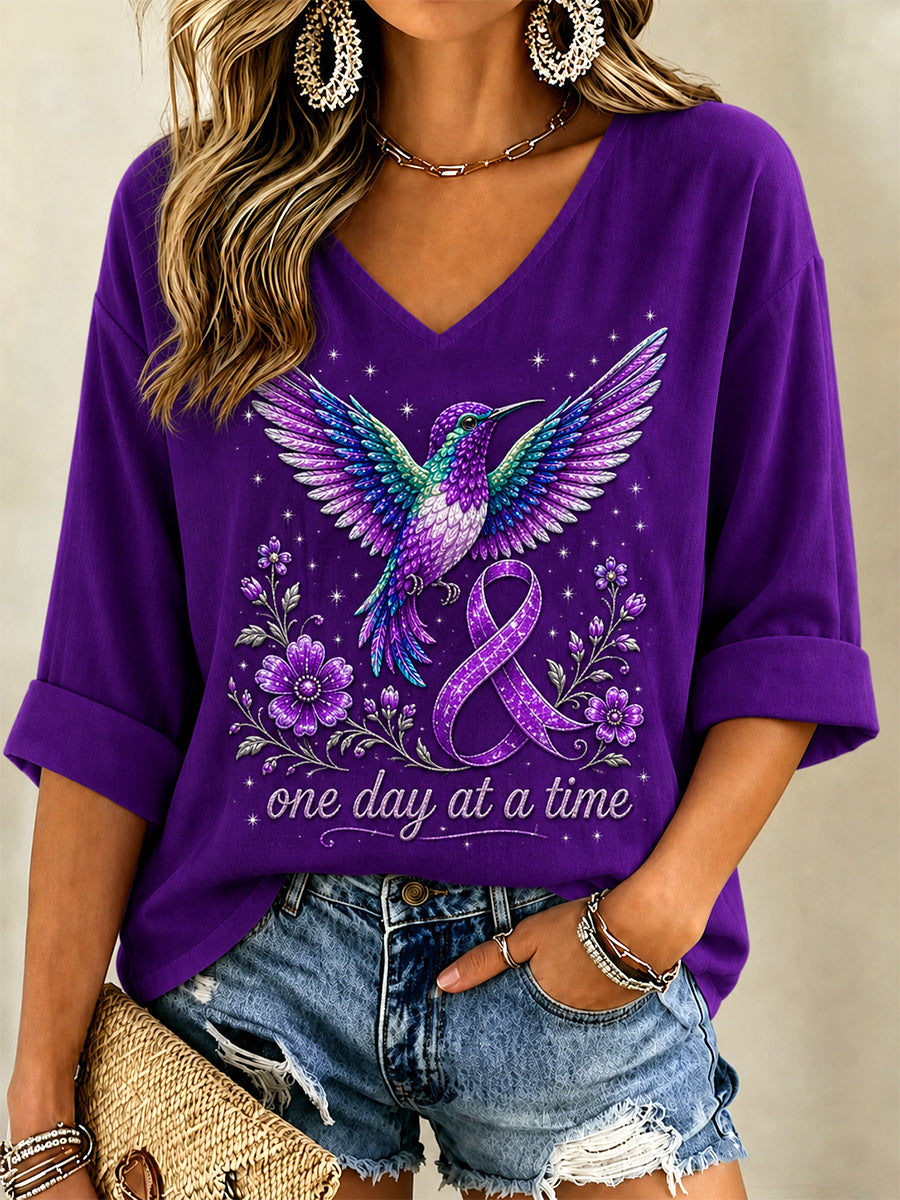 Women's Purple Floral & Hummingbird Print Alzheimer's Awareness Support V-Neck Tee