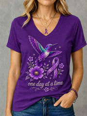 Women's Purple Floral & Hummingbird Print Alzheimer's Awareness Support V-Neck Tee