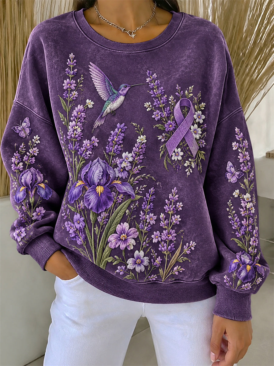Women's Humming Bird & Irises Lavender Floral Print Alzheimer's Awareness Sweatshirt