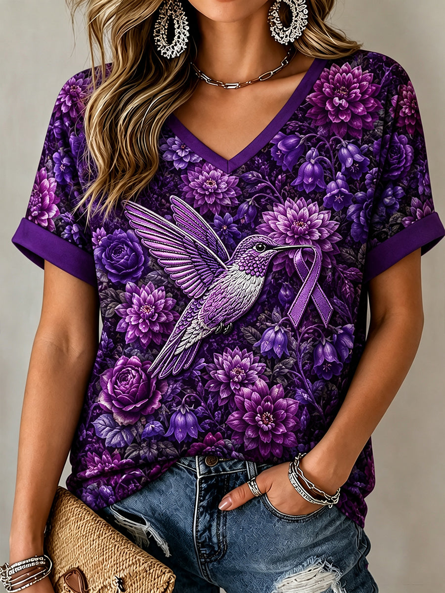 Women's Alzheimer's Awareness Purple Floral Hummingbird Print T-shirt