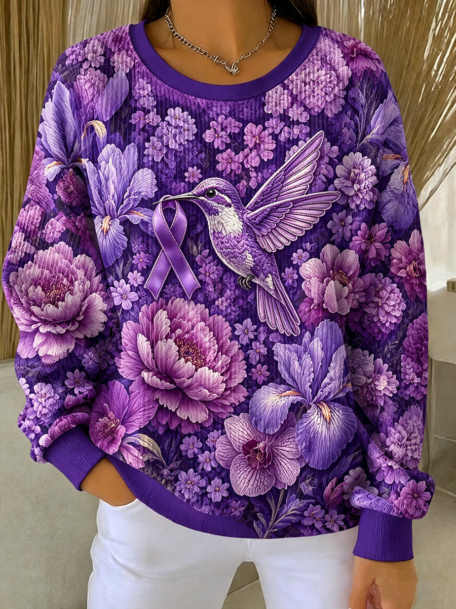 Women's Alzheimer's Awareness Purple Floral Hummingbird Print Sweatshirt