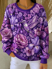 Women's Alzheimer's Awareness Purple Floral Hummingbird Print Sweatshirt
