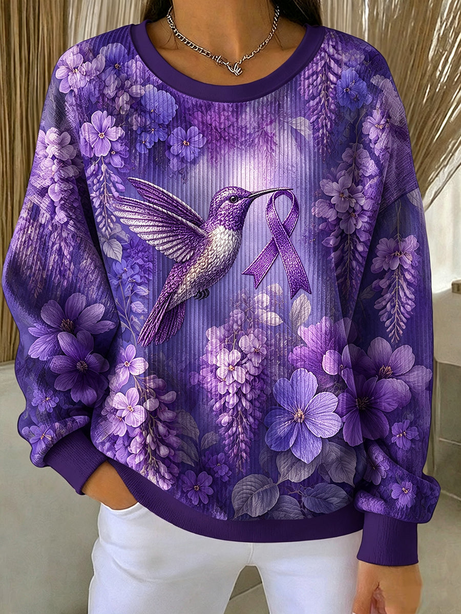 Women's Alzheimer's Awareness Purple Floral Hummingbird Print Sweatshirt