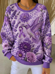 Women's Alzheimer's Awareness Purple Floral Hummingbird Print Sweatshirt