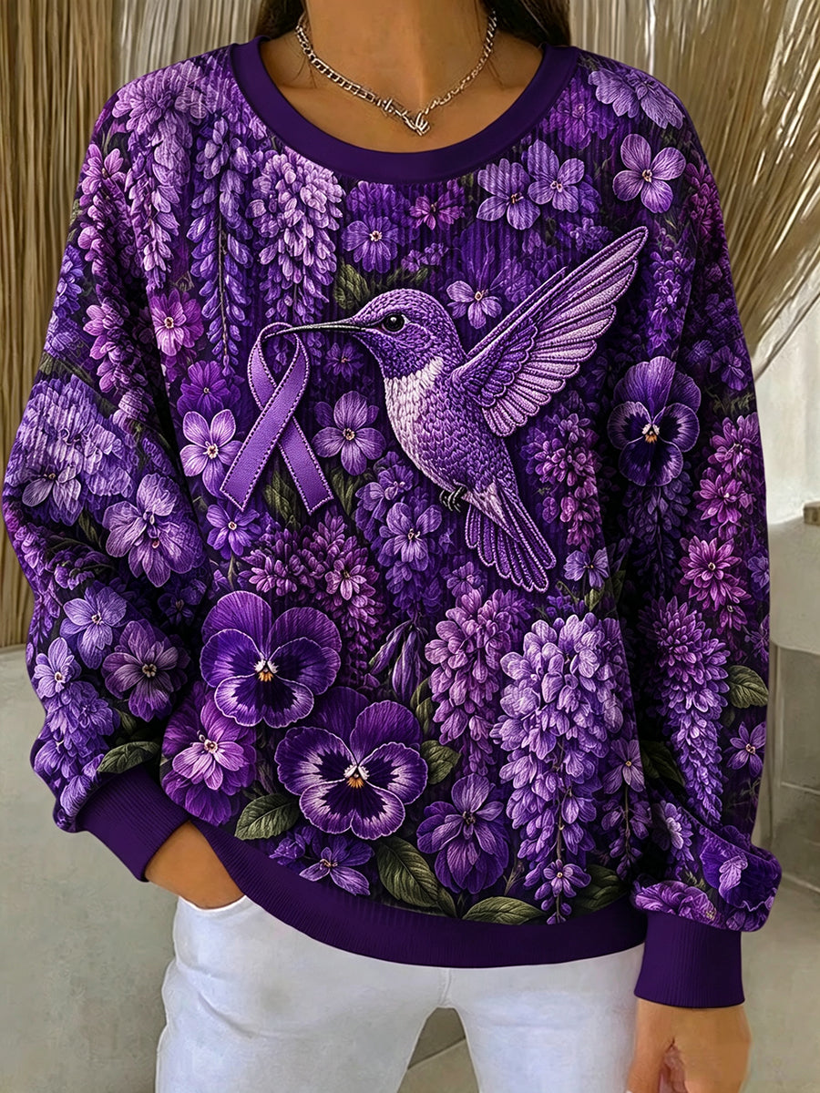Women's Alzheimer's Awareness Purple Floral Hummingbird Print Sweatshirt