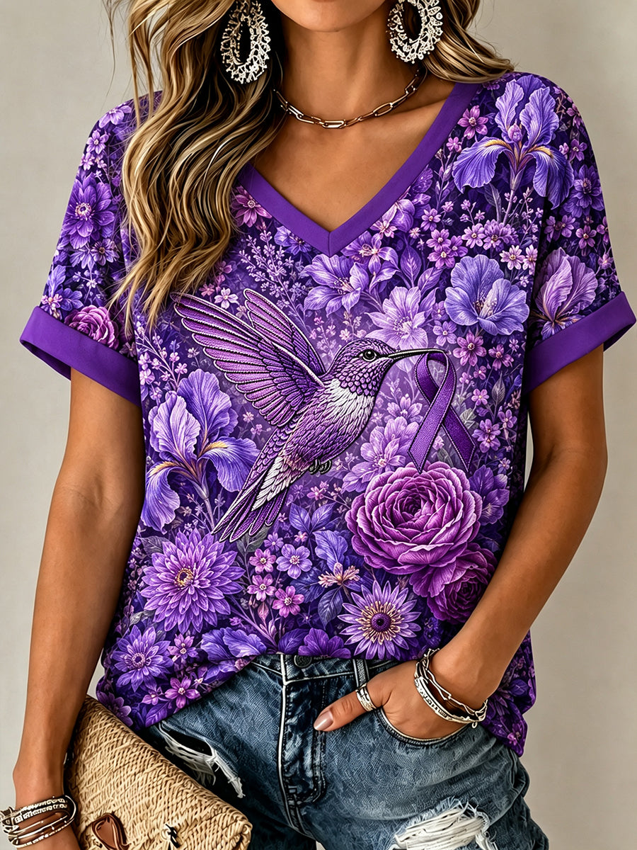 Women's Alzheimer's Awareness Purple Floral Hummingbird Print T-shirt