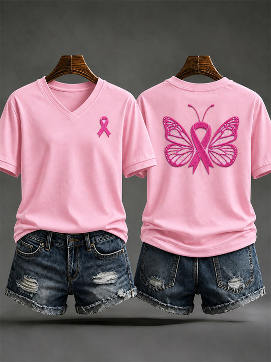 Women's Breast Cancer Awareness Support Print V-Neck Tee