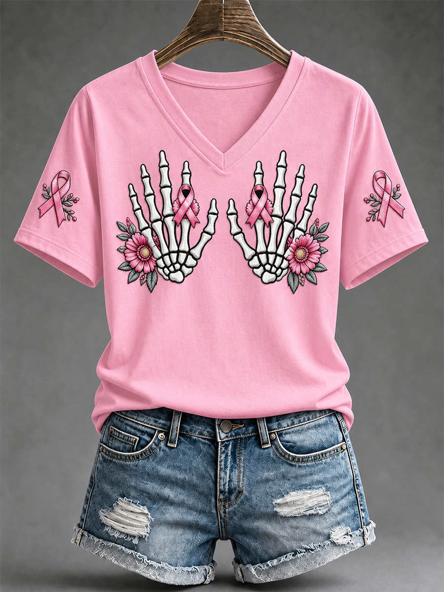 Women's Breast Cancer Awareness Support Print V-Neck Tee