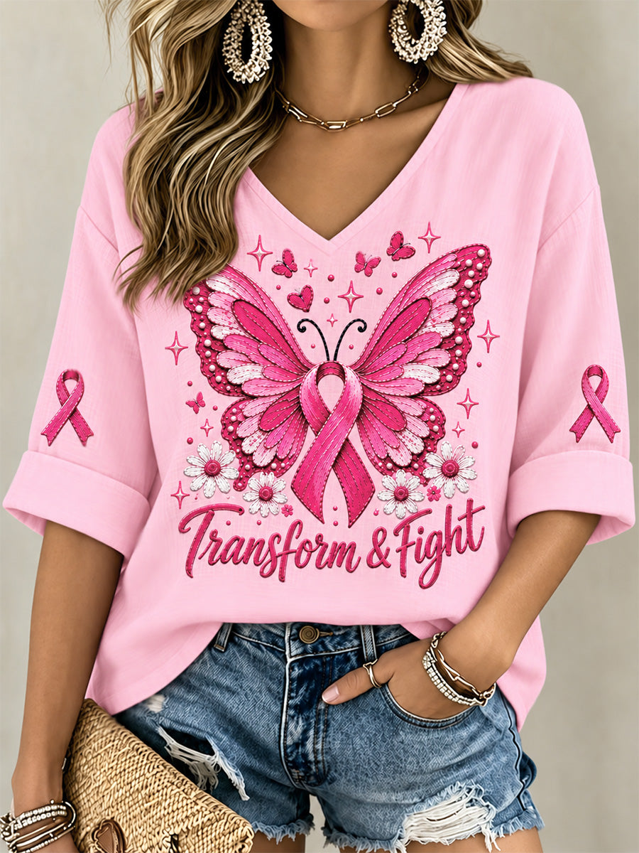 Women's Breast Cancer Awareness Support Print V-Neck Tee
