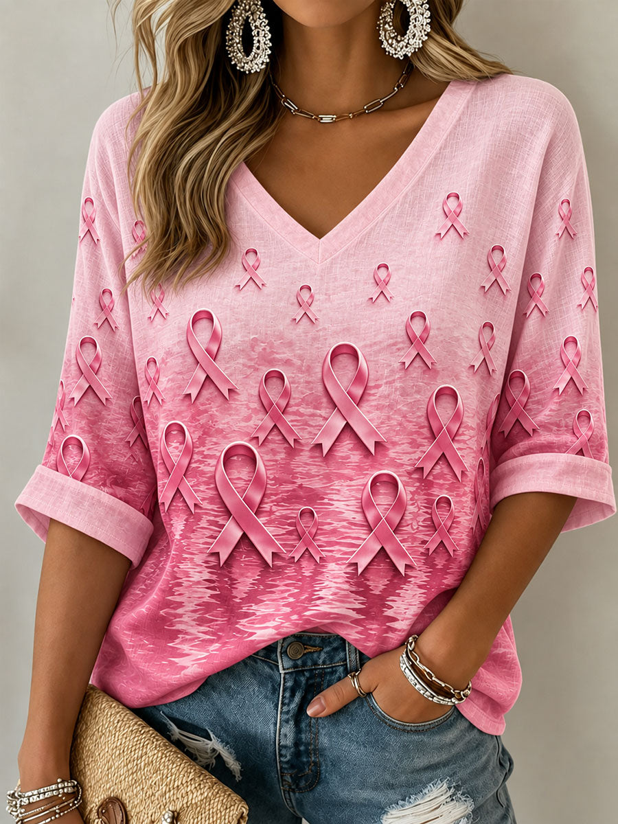 Women's Breast Cancer Black Cat Mid-length Sleeves V-Neck T-Shirt