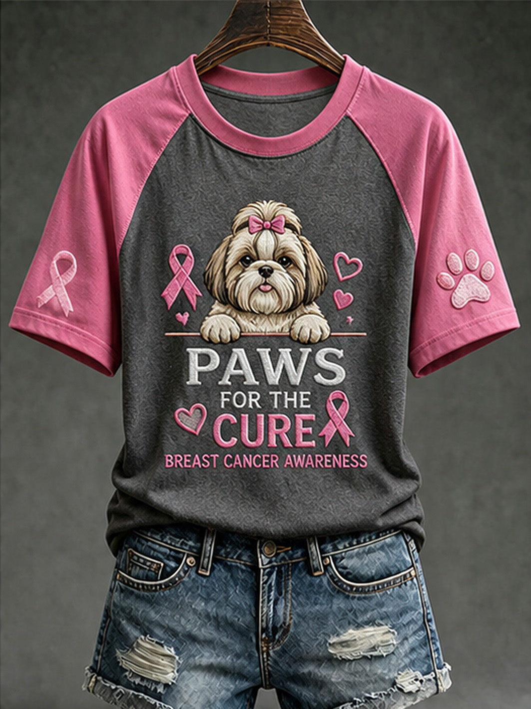 Women's breast cancer care cured puppy pattern printed casual short-sleeve T-shirt
