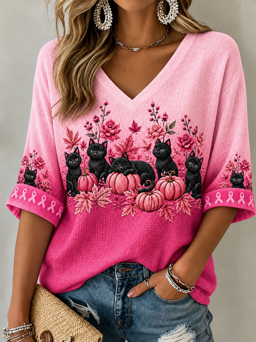 Women's Breast Cancer Black Cat Waffle T-Shirt