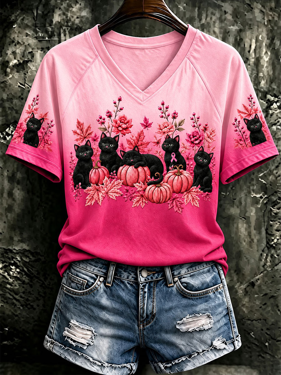 Women's Breast Cancer Black Cat Short-Sleeved T-Shirt