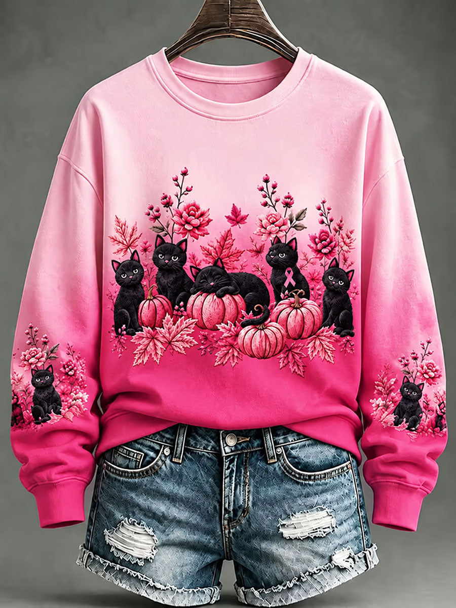 Women's Breast Cancer Black Cat Regular Sweatshirt