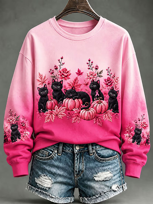 Women's Breast Cancer Black Cat Regular Sweatshirt
