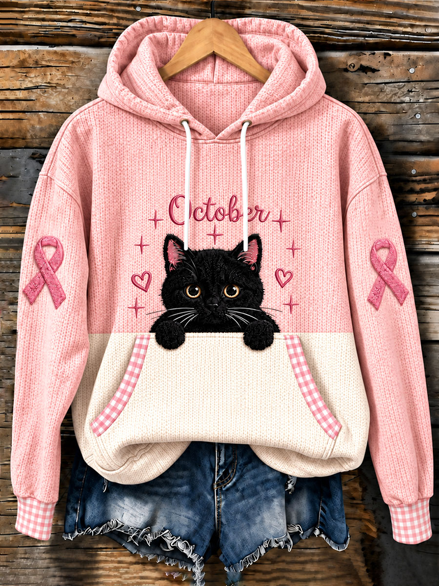 Women's Breast Cancer Black Cat Hoodie