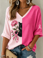 Women's Breast Cancer Black Cat Mid-length Sleeves V-Neck T-Shirt