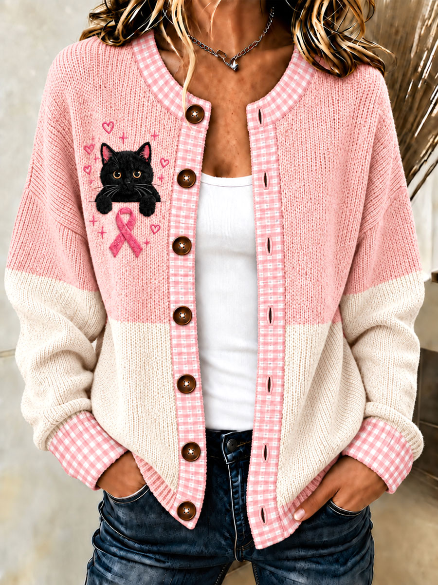 Women's Breast Cancer Black Cat Cardigan-Style Knit Jacket
