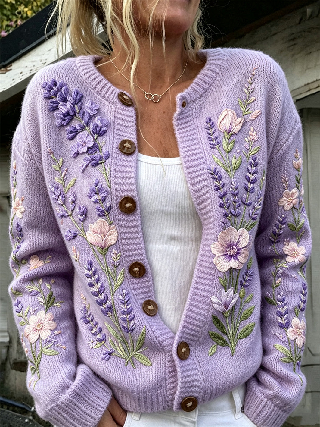 Women's purple flowers pattern printed causal cardigan-style knit jacket
