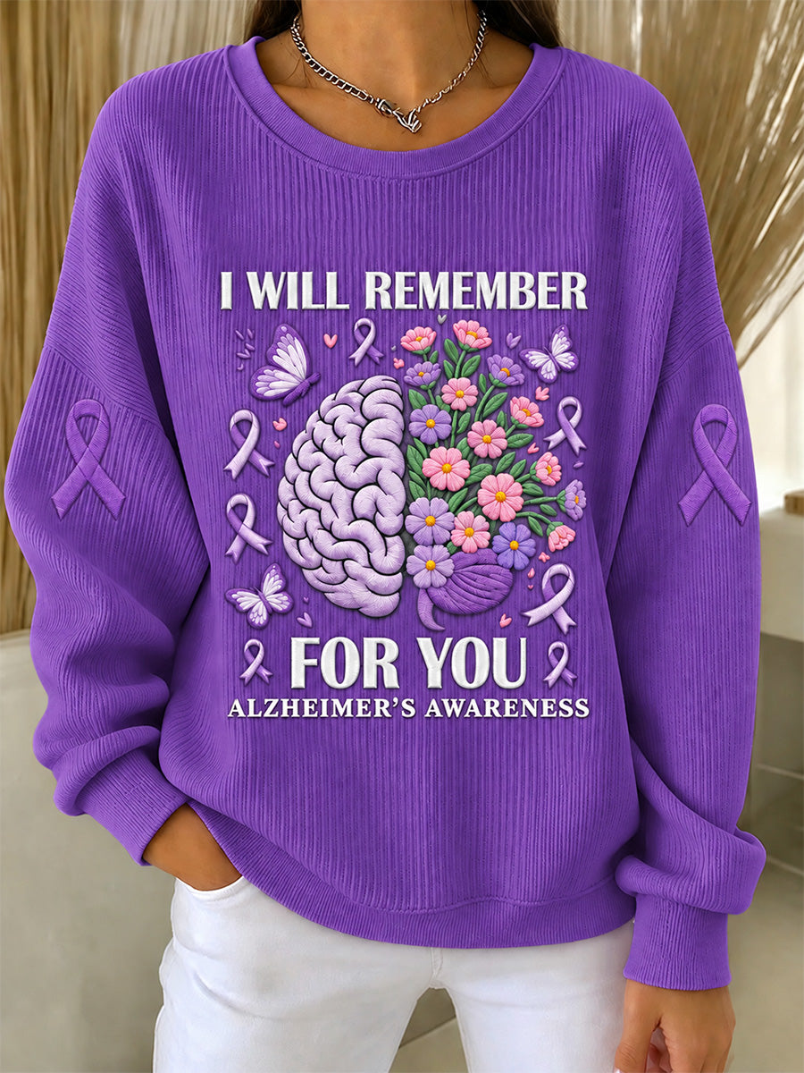 Women's Alzheimer's Awareness Support Print Ribbed Round-Neck Sweatshirt