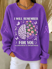 Women's Alzheimer's Awareness Support Print Ribbed Round-Neck Sweatshirt