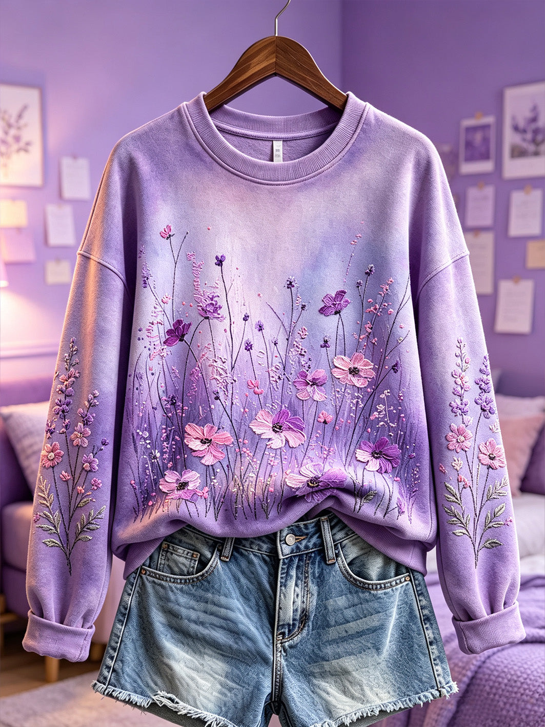 Women's purple flowers pattern printed causal sweatshirt