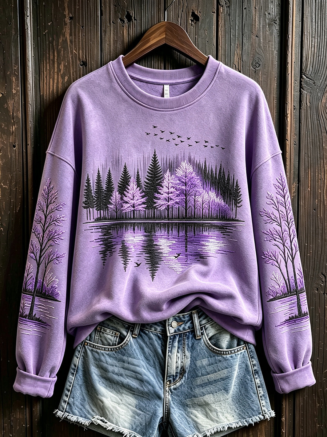 Women's purple landscape pattern design casual sweatshirt