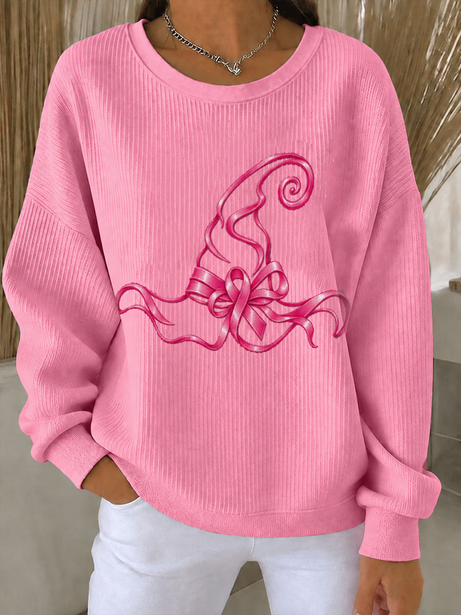 Women's Breast Cancer Awareness Witch Hat Print Ribbed Round-Neck Sweatshirt