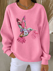 Women's Breast Cancer Awareness Hummingbird Ribbed Round-Neck Sweatshirt