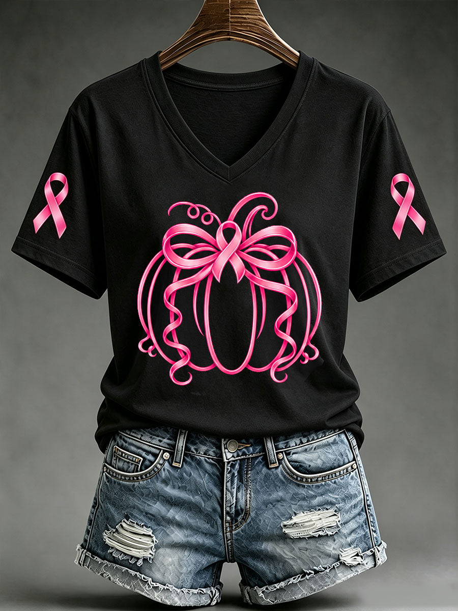 Women's Pink Ribbon Pumpkin Print Short-sleeved T-shirt