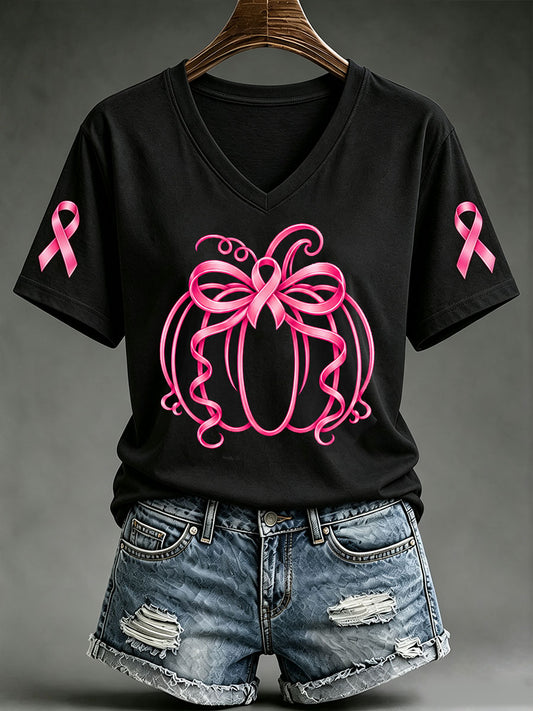 Women's Pink Ribbon Pumpkin Print Short-sleeved T-shirt