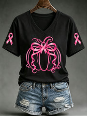Women's Pink Ribbon Pumpkin Print Short-sleeved T-shirt