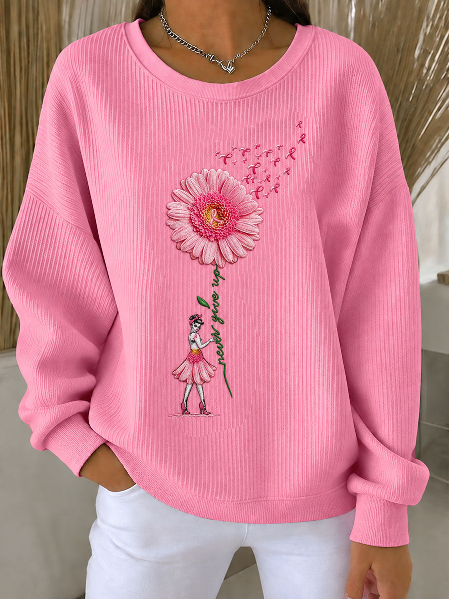 Women's Breast Cancer Awareness Print Ribbed Round-Neck Sweatshirt