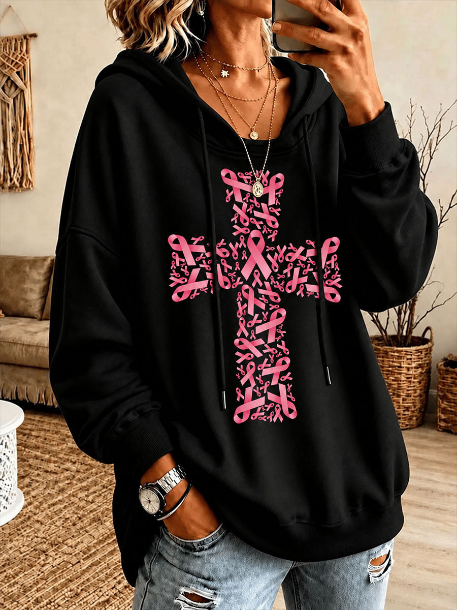Women's Pink Ribbon Cross Print Hoodie