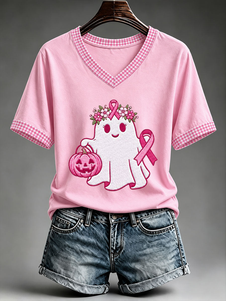 Women's Cute Pink Ribbon Ghost T-Shirt