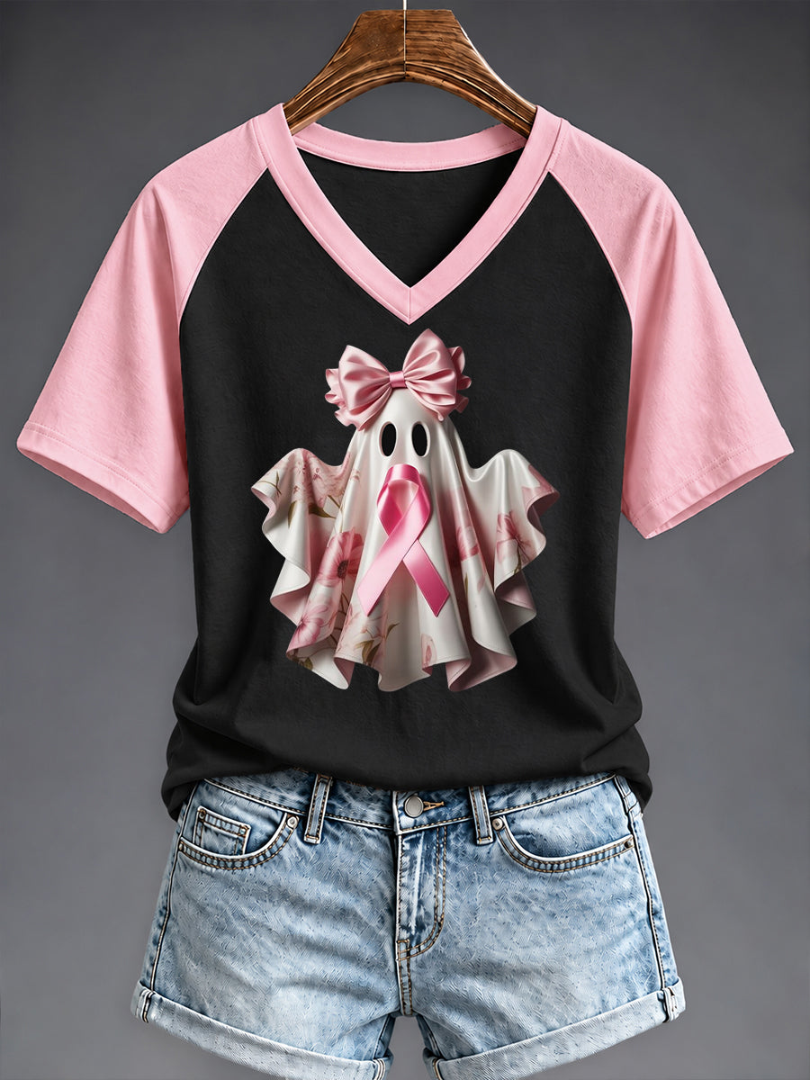 Women's Breast Cancer Awareness Print V-neck T-shirt