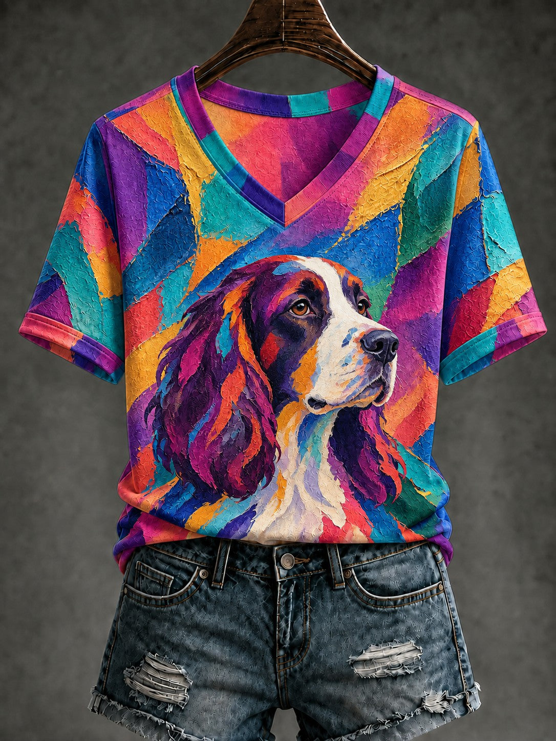 Women's Art Dog Printed V-neck T-shirt