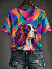 Women's Art Dog Printed V-neck T-shirt