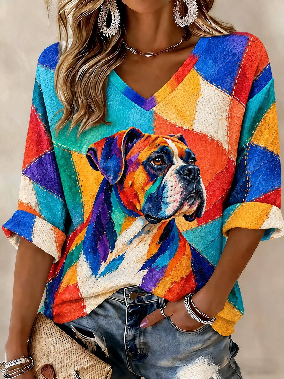 Women's Art Dog Printed Mid-length Sleeves V-neck T-shirt