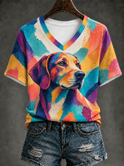 Women's Art Dog Printed V-neck T-shirt