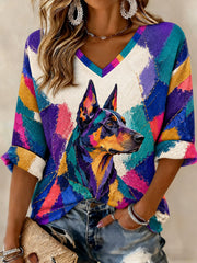 Women's Art Dog Printed Mid-length Sleeves V-neck T-shirt