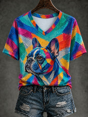 Women's Art Dog Printed V-neck T-shirt