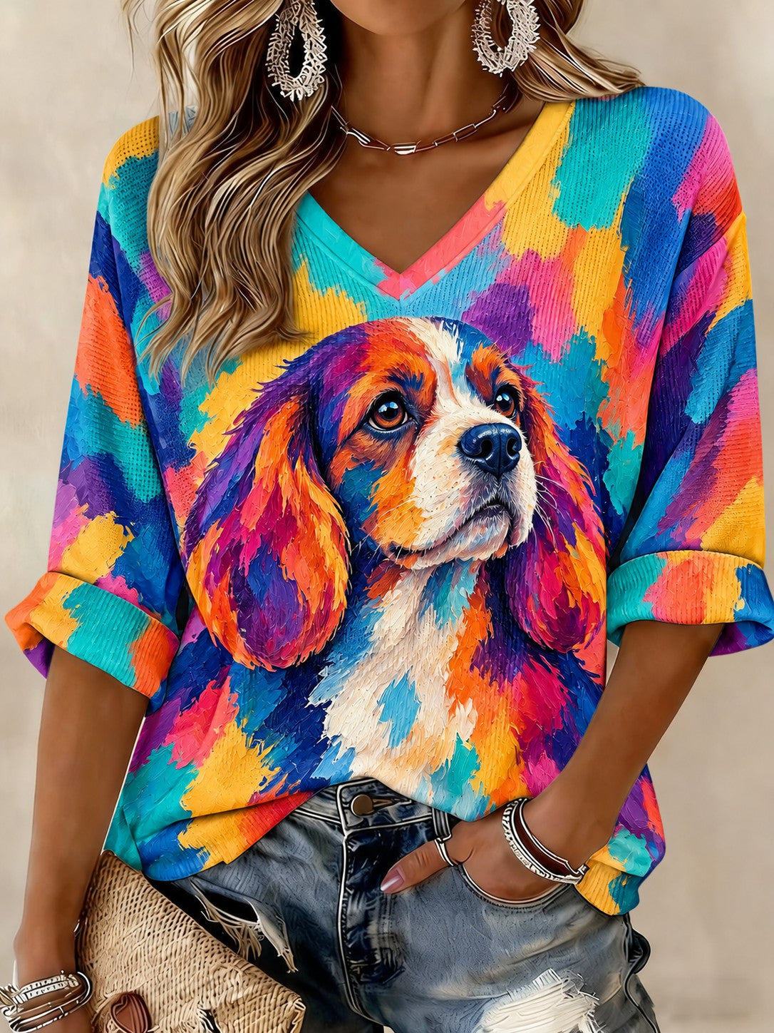 Women's Art Dog Printed Mid-length Sleeves V-neck T-shirt