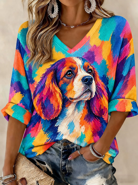 Women's Art Dog Printed Mid-length Sleeves V-neck T-shirt