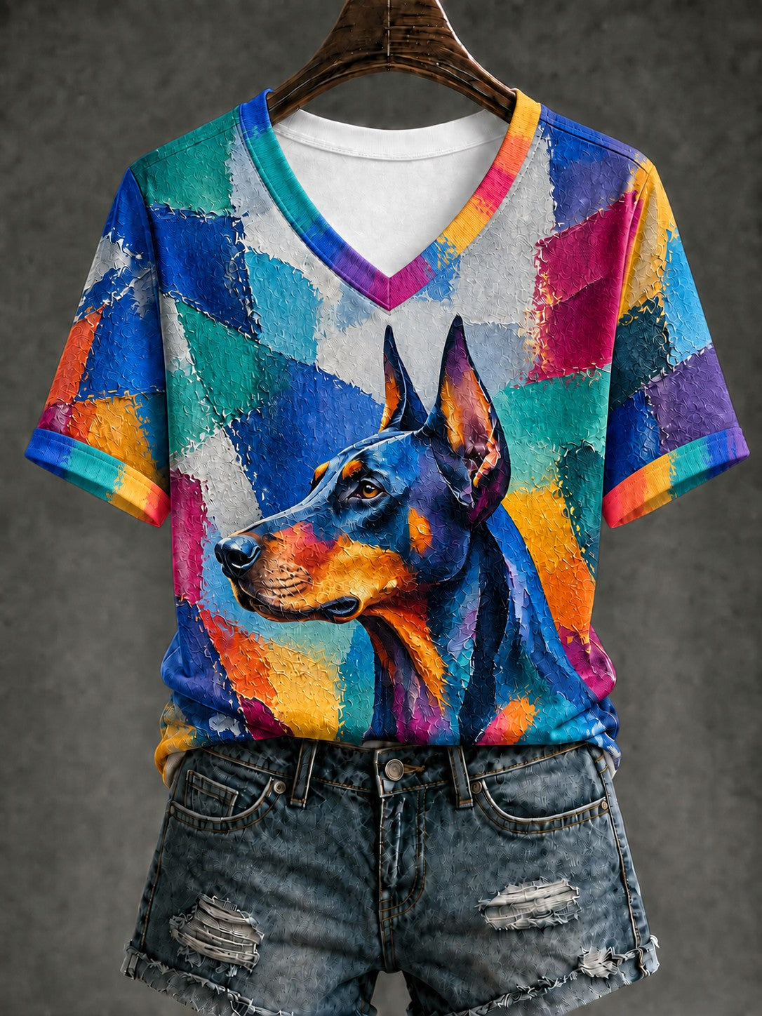 Women's Art Dog Printed V-neck T-shirt