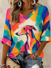 Women's Art Dog Printed Mid-length Sleeves V-neck T-shirt