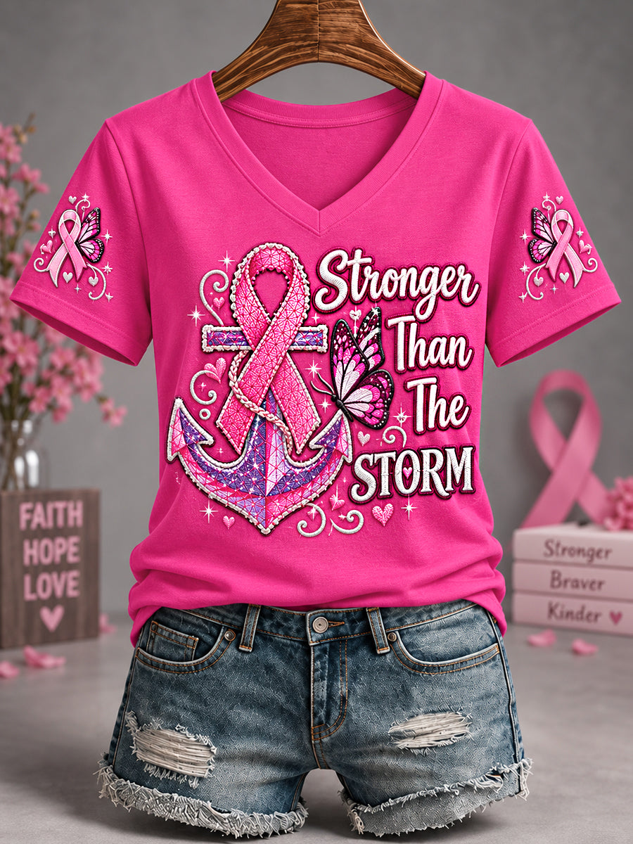 Women's Pink Ribbon Stronger Than The Strom Butterfly Print Breast Cancer Awareness Support V-Neck Tee