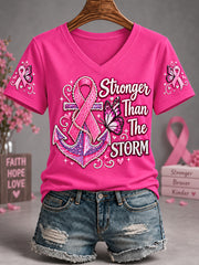 Women's Pink Ribbon Stronger Than The Strom Butterfly Print Breast Cancer Awareness Support V-Neck Tee