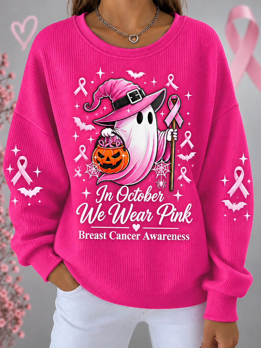 Women's In October We Wear Pink Halloween Pink Ghost Print Breast Cancer Awareness Support Sweatshirt